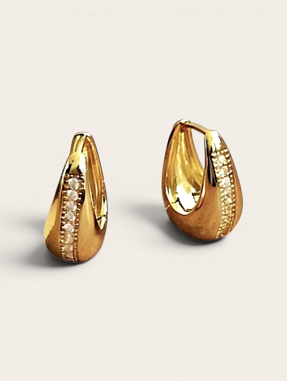 Gold Plated Rhinestone Lined Waterdrop Shaped Huggie Hoop Earrings; NWOT